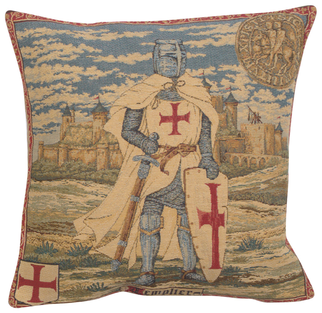 Templier II cushion cover woven in Europe, depicting a portrait style view of an 18th Century Knight