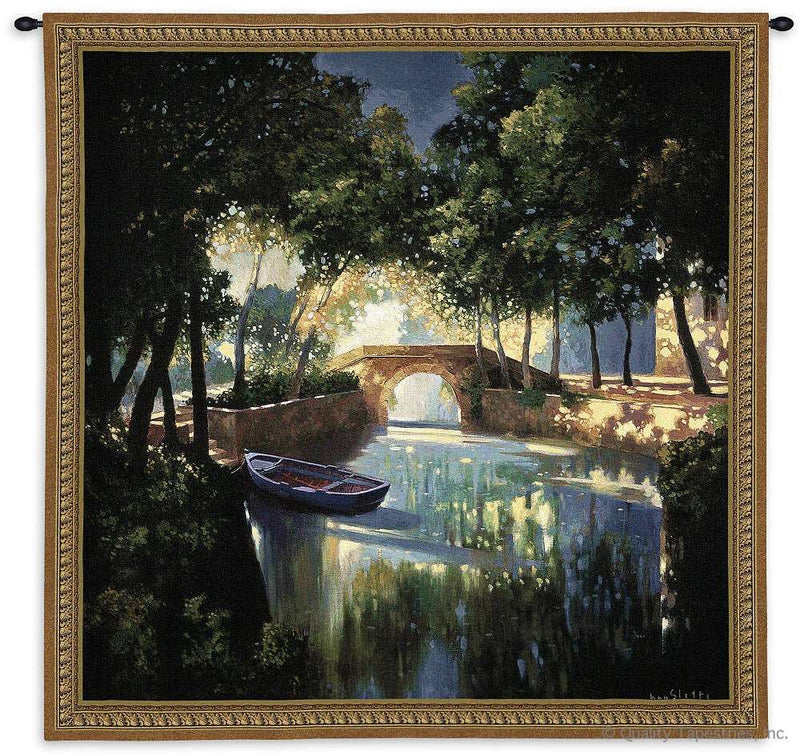 Blue Boat at Night Wall Tapestry