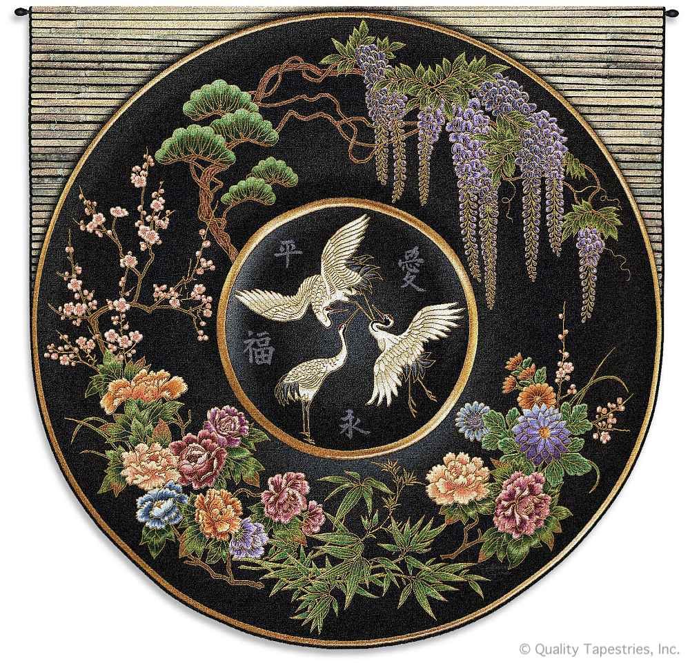 Cloisonne Black Asian Rounded Wall Tapestry