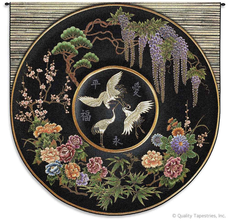 Cloisonne Black Asian Rounded Wall Tapestry