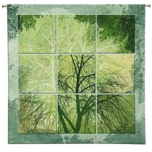 Autumn Tree Green Squares Wall Tapestry