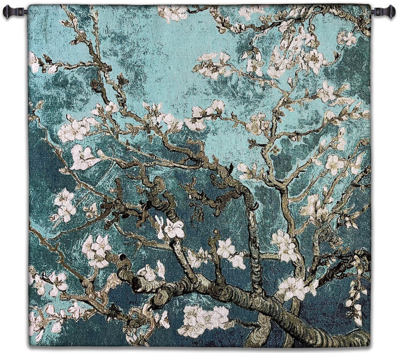 Almond Blossom Teal Square Wall Tapestry