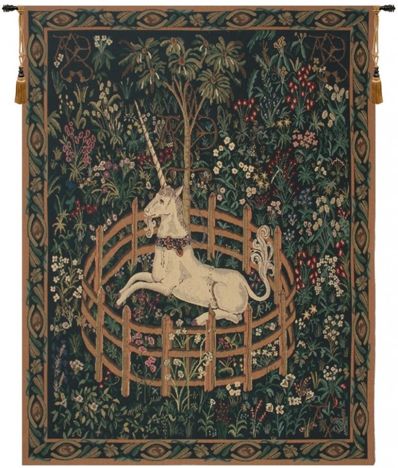 Unicorn In Captivity II with Border Belgian Wall Tapestry