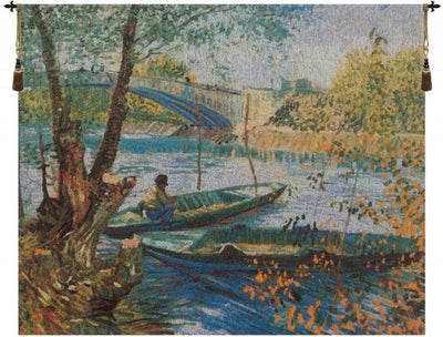 Angler and Boat at Pont de Clichy Belgian Wall Tapestry