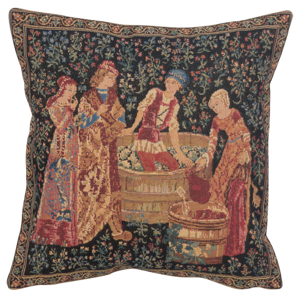 The Wine Press III pillow cover woven in Belgium, depicting a medieval scene of grapes harvest and wine making