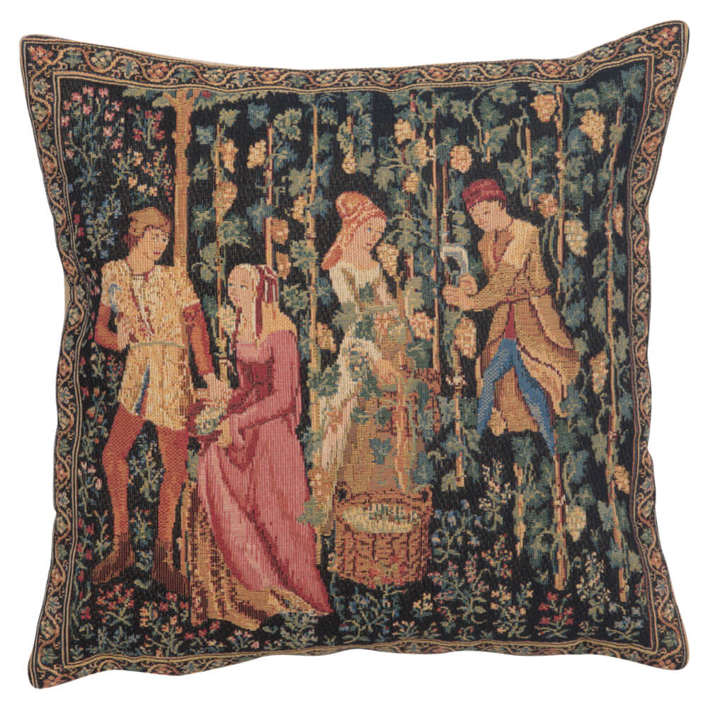 The Harvest III pillow cover woven in Belgium, with a vineyard design in black tones, sized 13" x 13"
