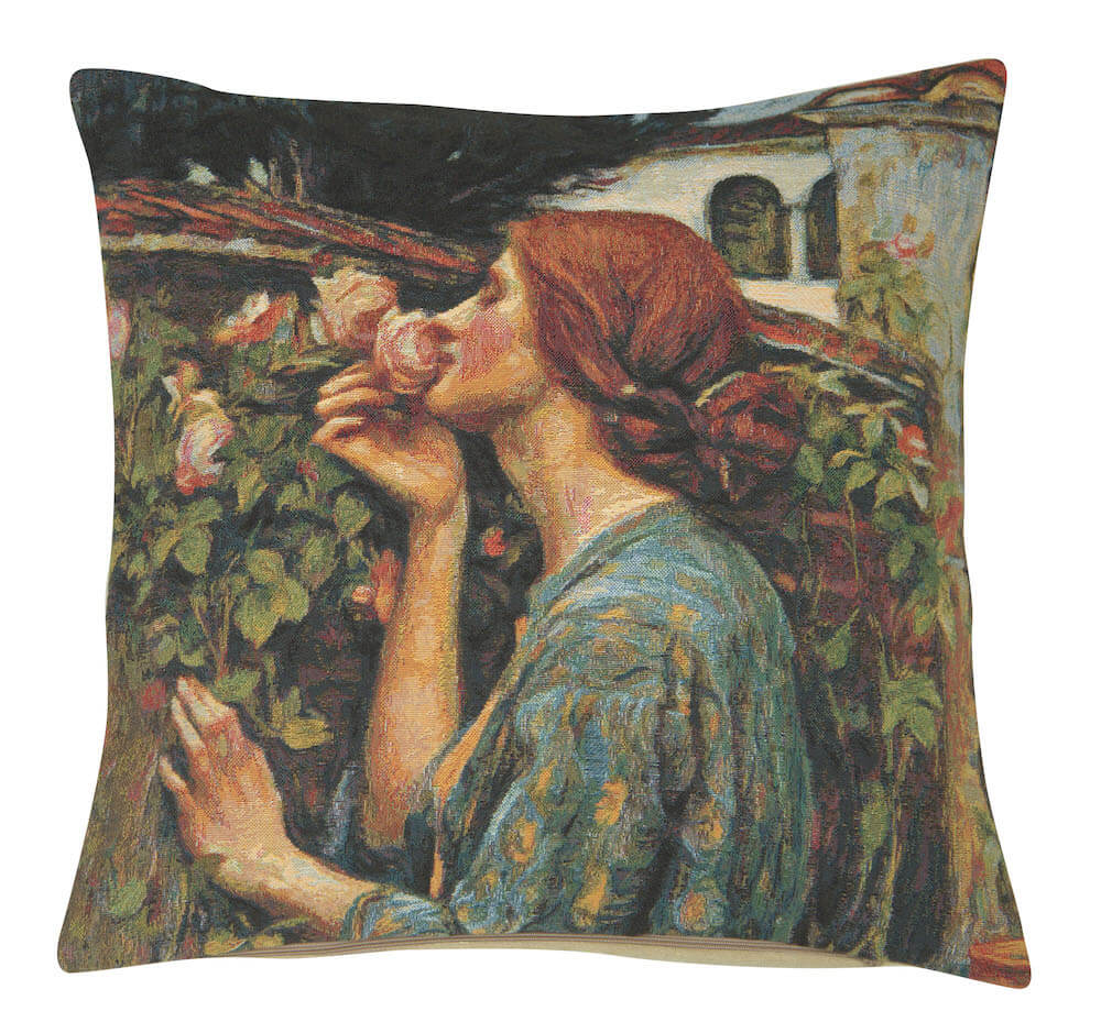 Soul Of The Rose pillow cover woven in Belgium, inspired by John William Waterhouse, in red tones
