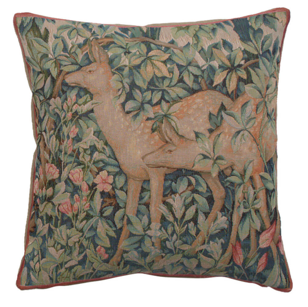Two Does In A Forest Large pillow cover woven in France, inspired by William Morris, with an animal design in green tones
