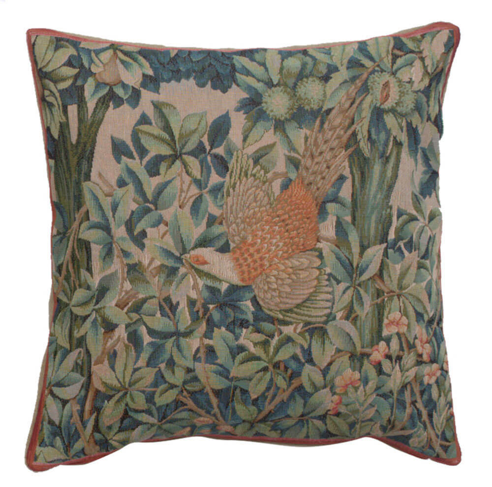 A Pheasant In A Forest Large pillow cover woven in France, inspired by William Morris, with an animal design in green tones