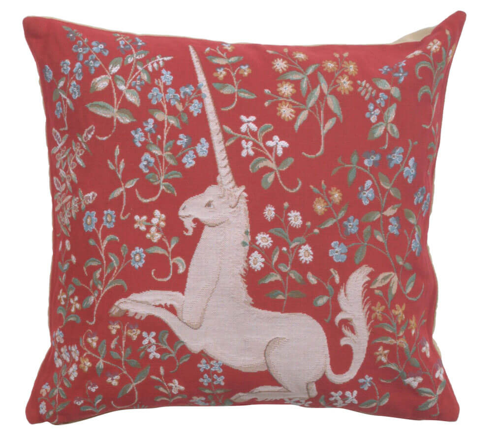 Licorne Fleuri Red pillow cover woven in France, with a unicorn design in red tones, with a jacquard weave