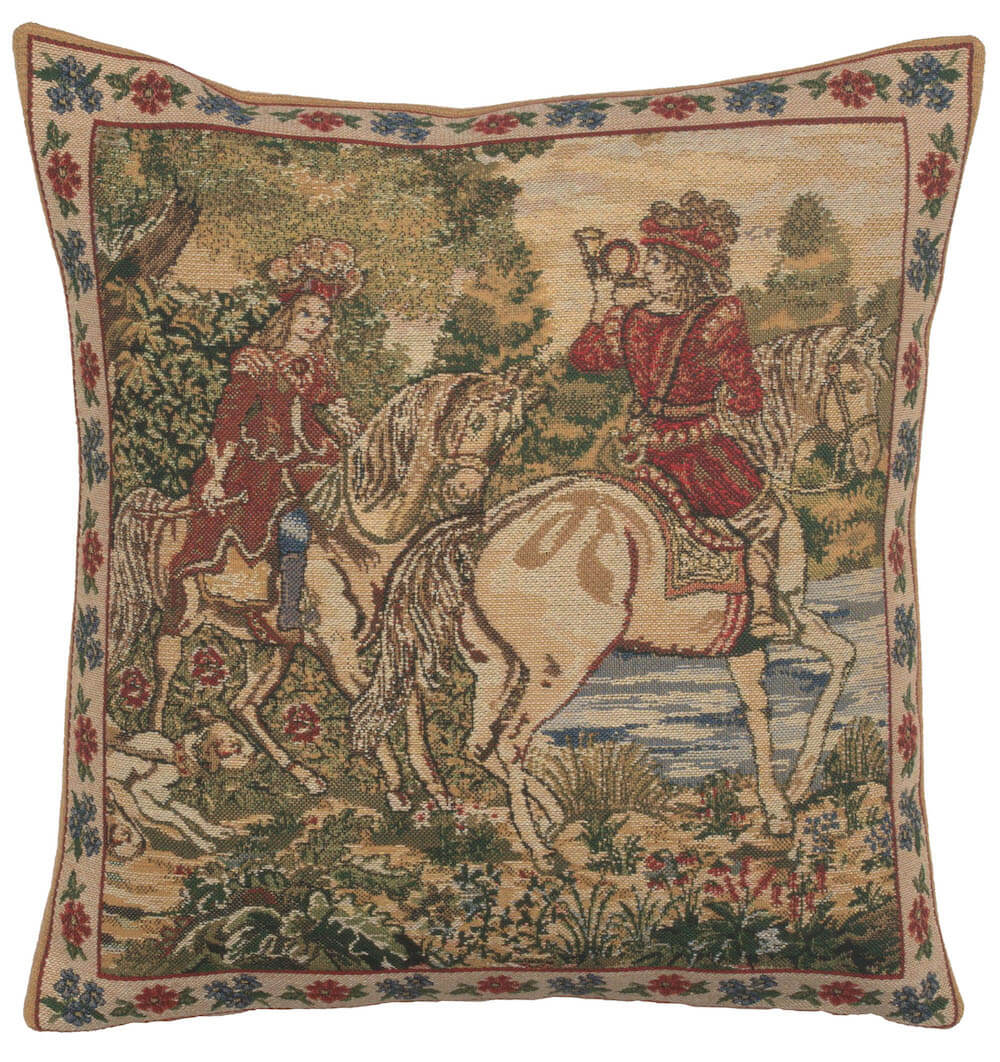The Noble Hunt pillow cover woven in Belgium, with a hunting scene design in brown and beige tones