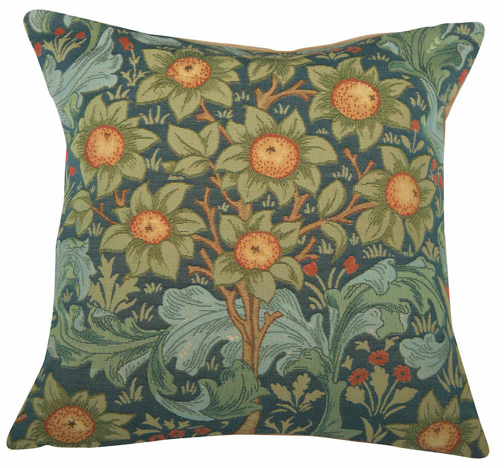 Orange Tree w-Arabesques Blue pillow cover woven in France from cotton, inspired by William Morris