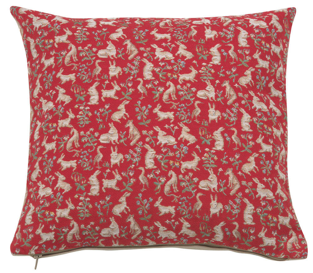 Mille Fleurs and Little Animals Red pillow cover woven in France, in red tones, with a jacquard weave