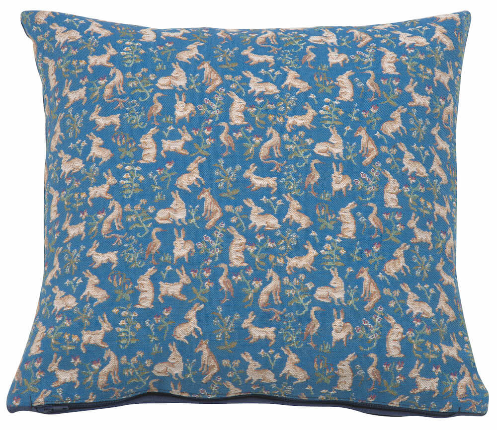 Mille Fleurs and Little Animals Blue pillow cover woven in France, in blue tones, with a jacquard weave