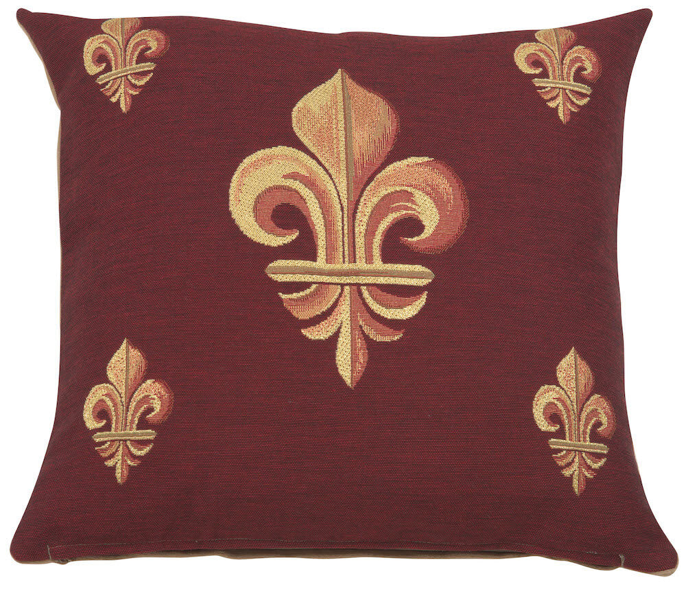 Five Fleur de Lys Red pillow cover woven in France, in red tones, with a jacquard weave, sized 19" x 19"