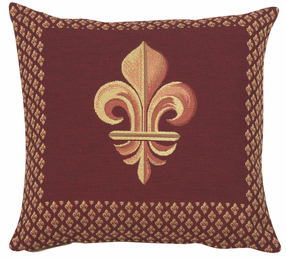 Framed Fleur de Lys Red pillow cover woven in France, in red tones, with a jacquard weave, sized 19" x 19"
