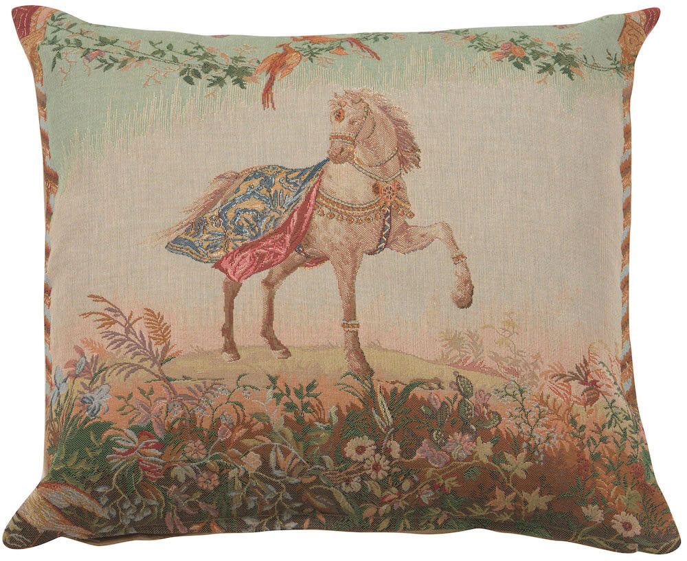 Cheval Large pillow cover woven in France, with an animal design in brown and beige tones, with a jacquard weave