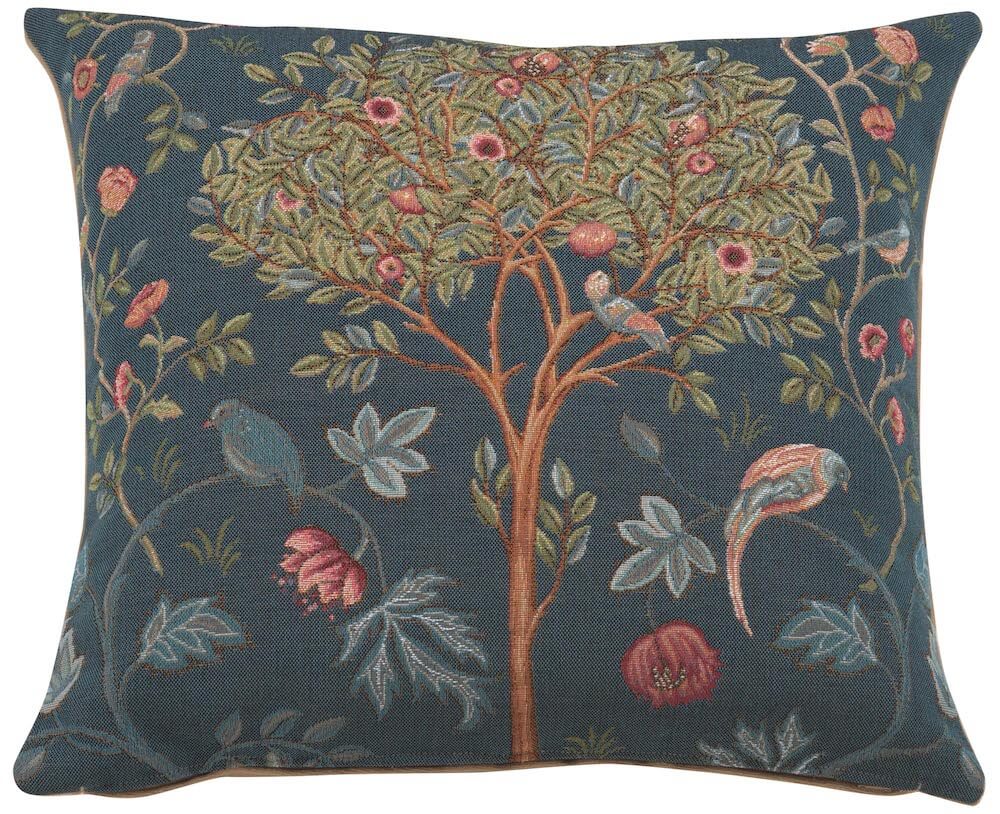 Kelmscott Tree Blue pillow cover woven in France, inspired by William Morris, with a floral design in blue tones