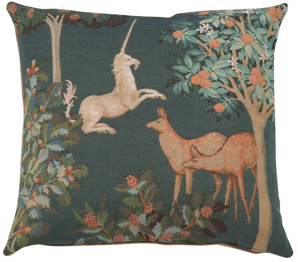 Unicorn and Does Forest Blue pillow cover woven in France, with an animal design in blue tones, with a jacquard weave