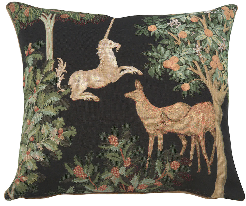 Unicorn and Does Forest Black pillow cover woven in France, with an animal design in black tones