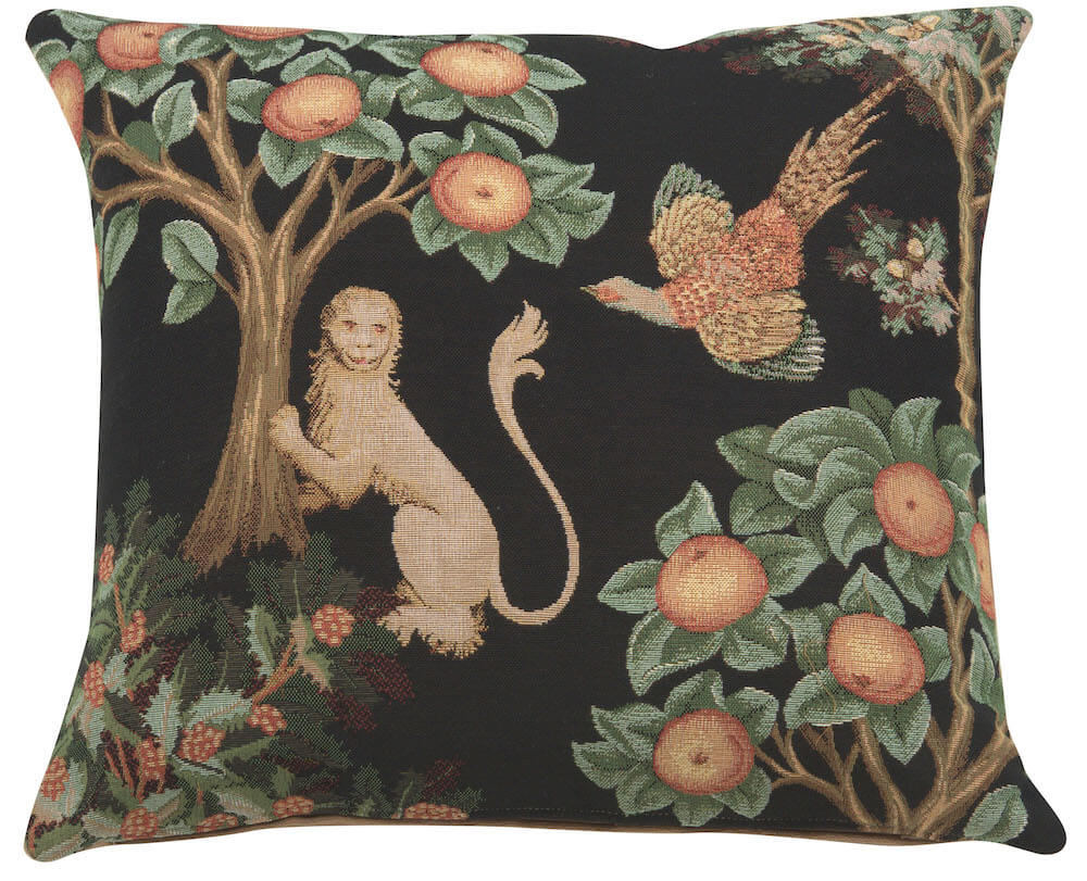 Lion and Pheasant Forest Black pillow cover woven in France, with an animal design in black tones