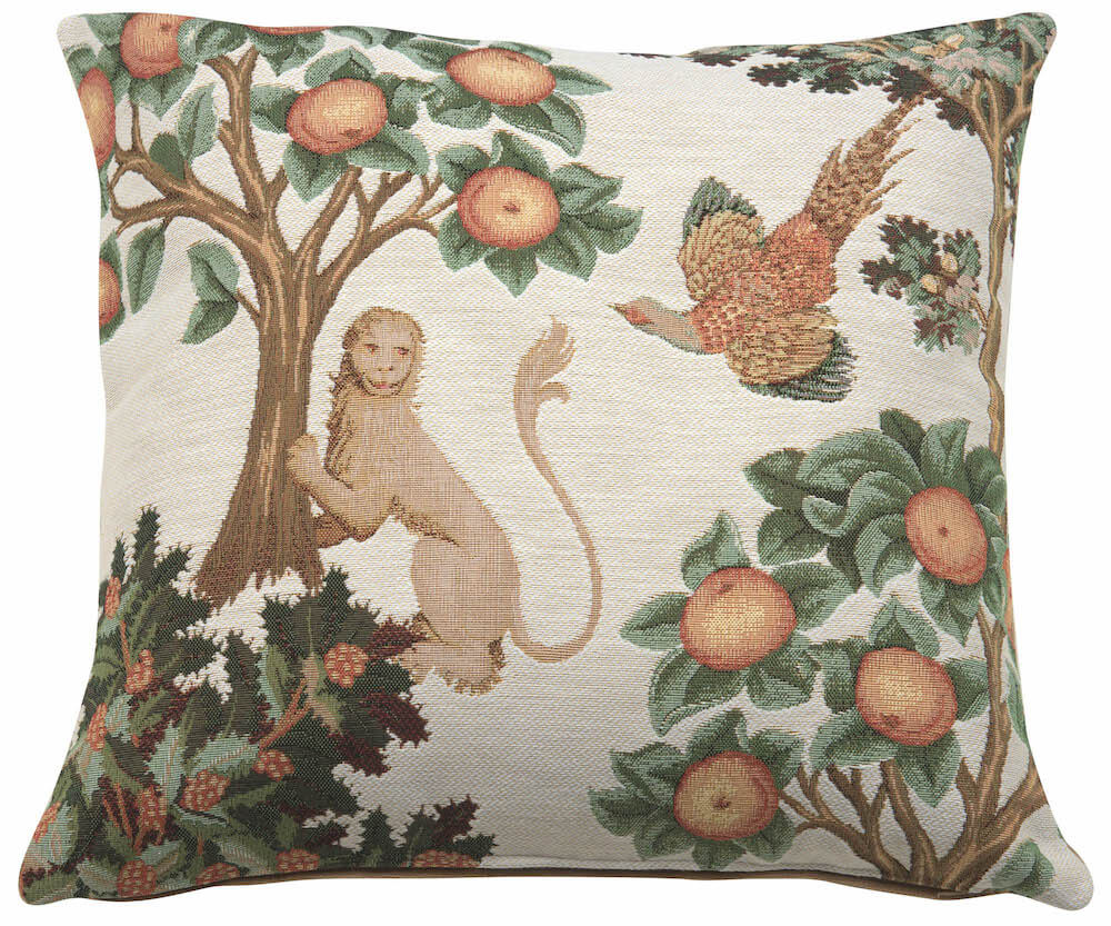 Lion and Pheasant Forest White pillow cover woven in France, with an animal design in cream tones