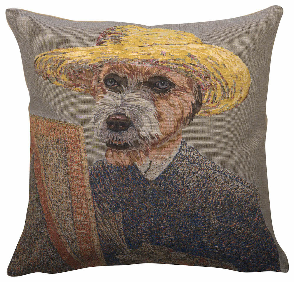 Van Gogh Dog pillow cover woven in Belgium, with an animal design in brown and beige tones, with a jacquard weave