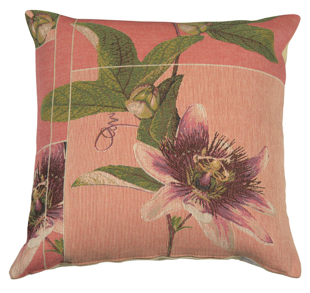 Spring Blossom Pink pillow cover woven in France, with a floral design in green tones, with a jacquard weave