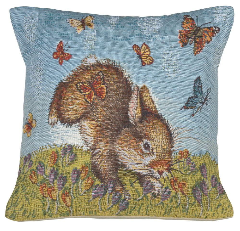 Bunny and Buterflies pillow cover woven in Belgium, with an animal design in blue tones, with a jacquard weave
