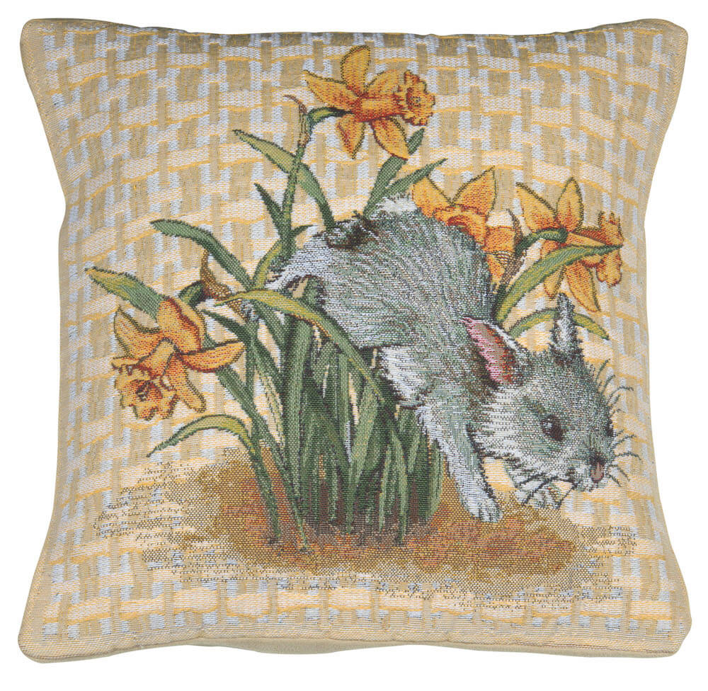 Bunny II pillow cover woven in Belgium, with an animal design in brown and beige tones, with a jacquard weave