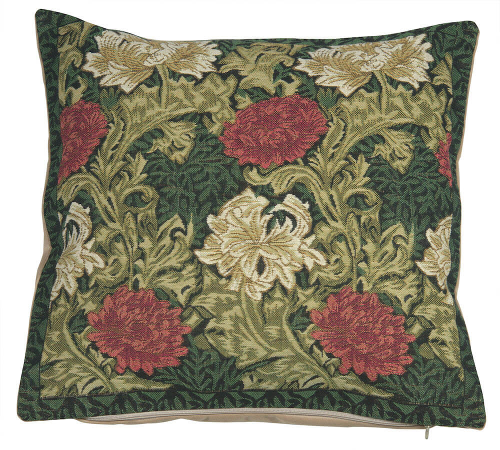 Chrysanthemum Multi pillow cover woven in Belgium, inspired by William Morris, in green tones, with a jacquard weave