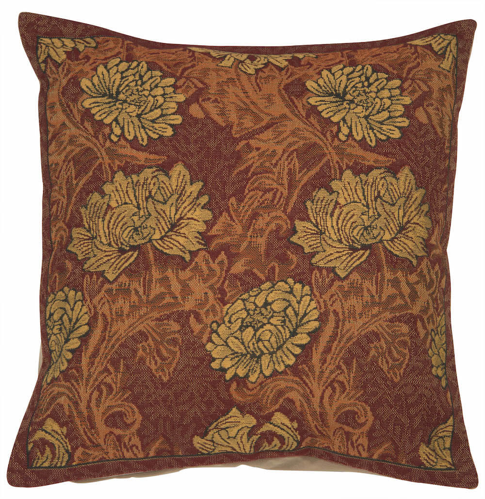 Chrysanthemum Brown pillow cover woven in Belgium, inspired by William Morris, in brown and beige tones