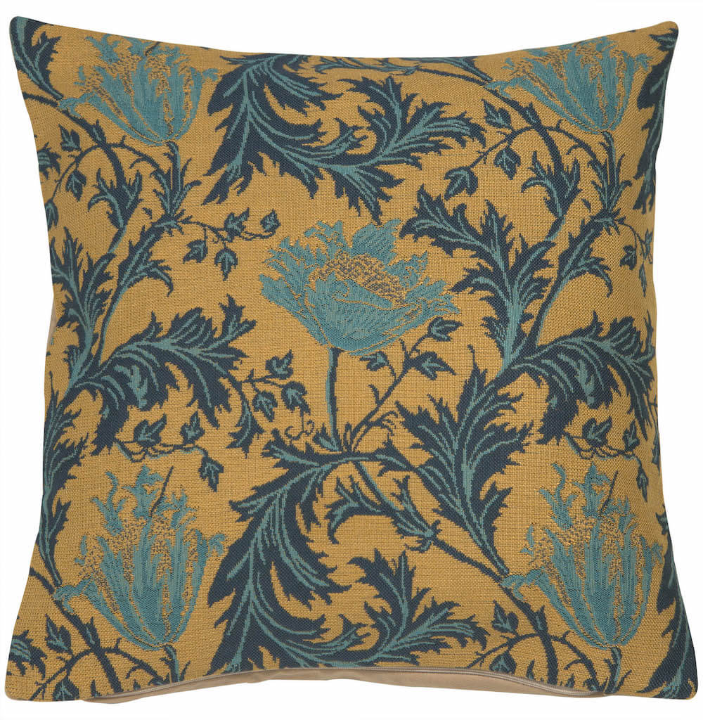 Anemone Blue Gold pillow cover woven in Belgium, inspired by William Morris, in gold tones, with a jacquard weave