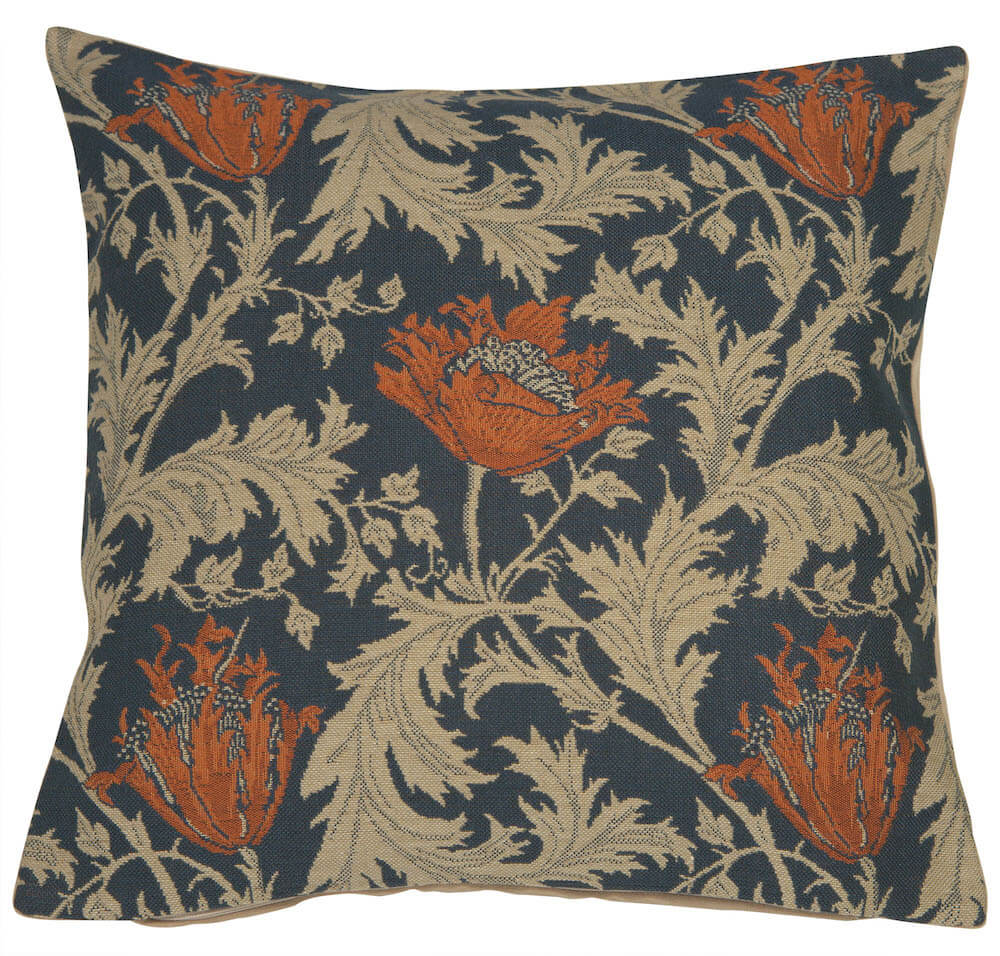 Anemone Blue Rust pillow cover woven in Belgium, inspired by William Morris, in blue tones, with a jacquard weave