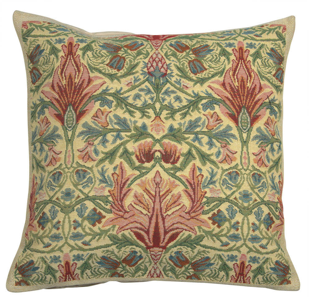 Snakeshead pillow cover woven in Belgium, inspired by William Morris, in yellow tones, with a jacquard weave