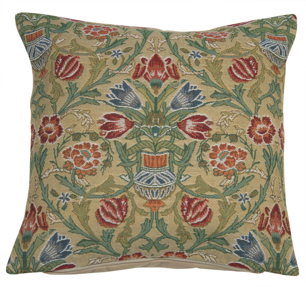 Single-Stem pillow cover woven in Belgium, inspired by William Morris, in brown and beige tones