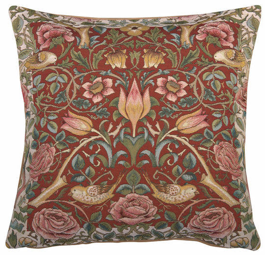 Roses and Birds Red French Pillow Cover