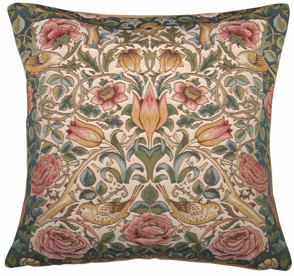 Roses and Birds White pillow cover woven in France, inspired by William Morris, in cream tones, with a jacquard weave