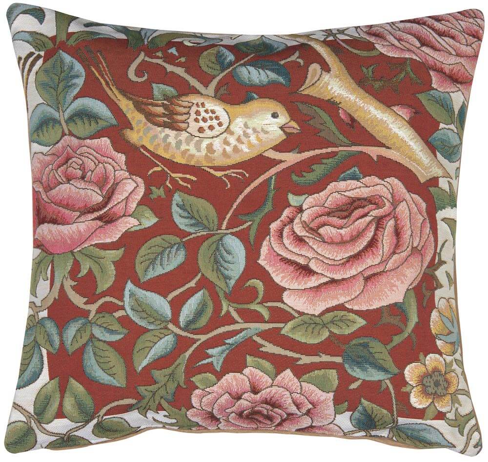 Bird and Roses Red pillow cover woven in France, inspired by William Morris, in red tones, with a jacquard weave