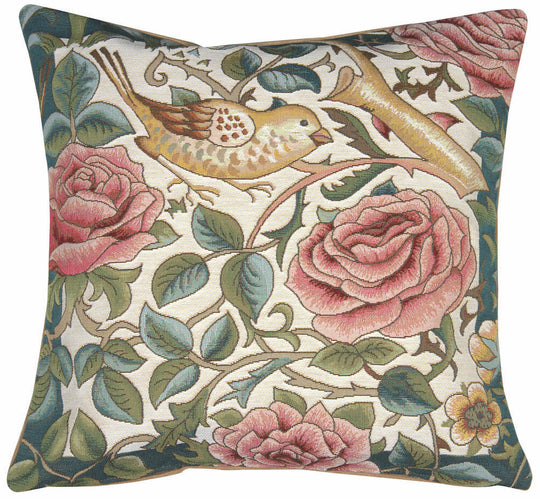 Bird and Roses White French Pillow Cover