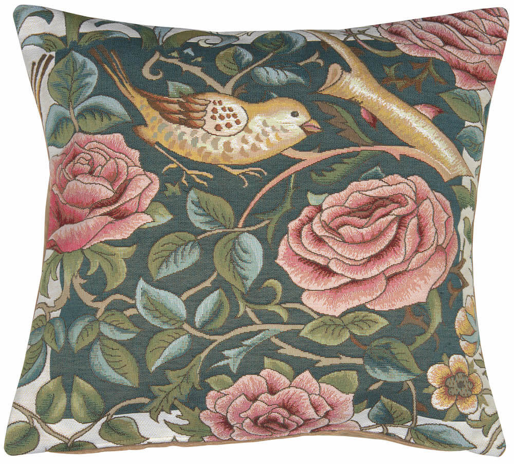 Bird and Roses Blue pillow cover woven in France, inspired by William Morris, in blue tones, with a jacquard weave