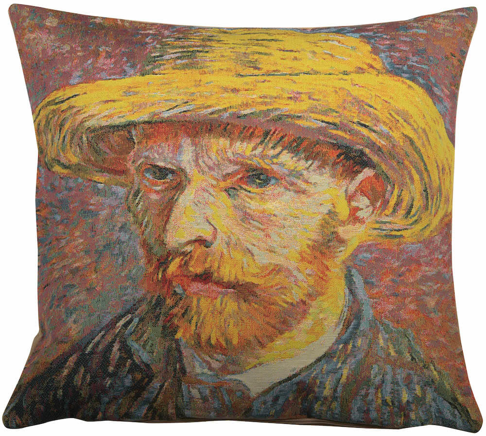 Van Gogh's Self Portrait with Straw Hat Large pillow cover woven in Belgium, in yellow tones, with a jacquard weave