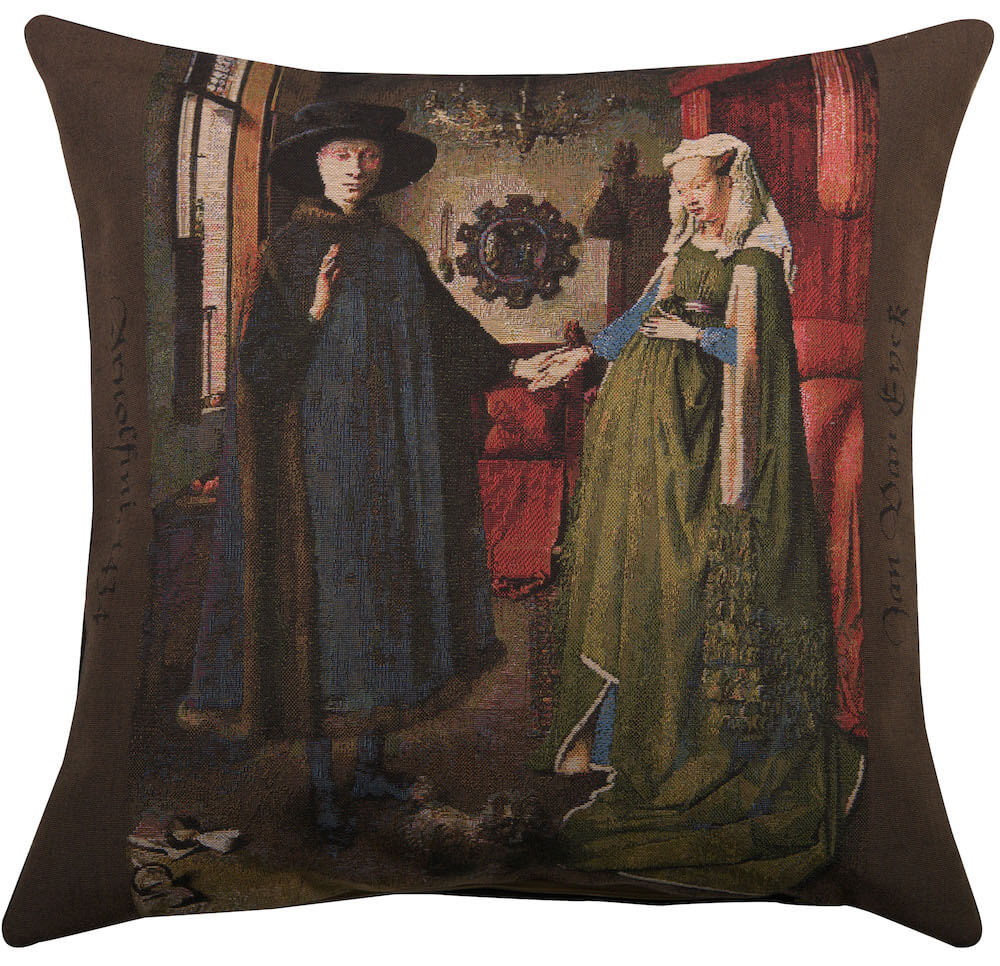 Arnolfini pillow cover woven in Belgium, with a medieval design in brown and beige tones, with a jacquard weave