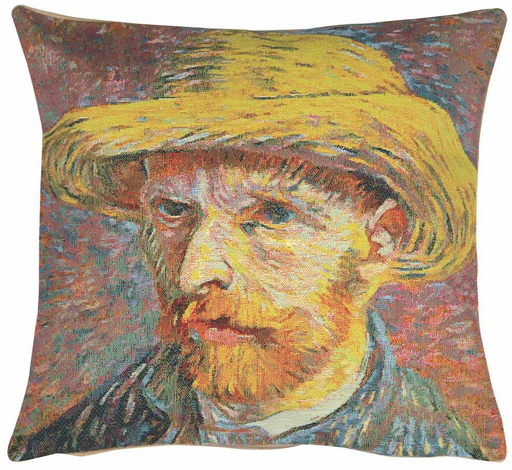 Van Gogh's Self Portrait with Straw Hat Small pillow cover woven in Belgium, in yellow tones, with a jacquard weave