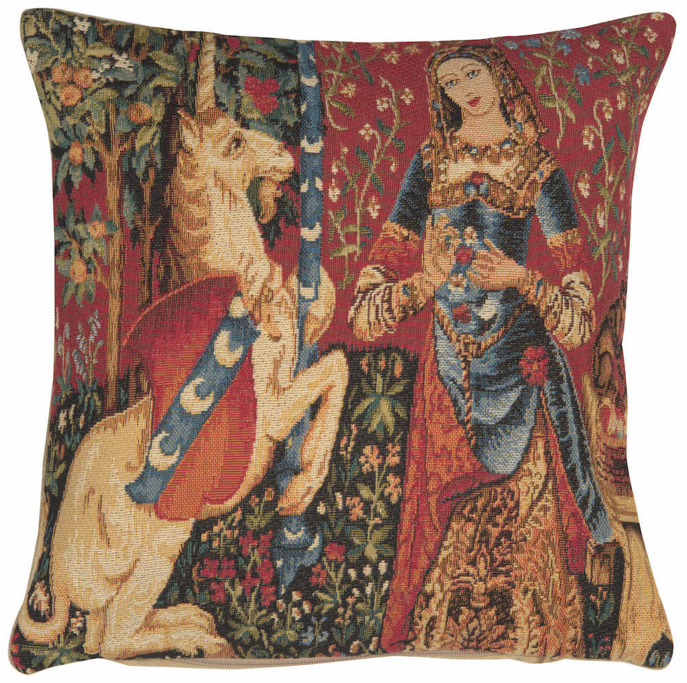Medieval Smell Small pillow cover woven in Belgium, inspired by Le Viste, with a unicorn design in red tones