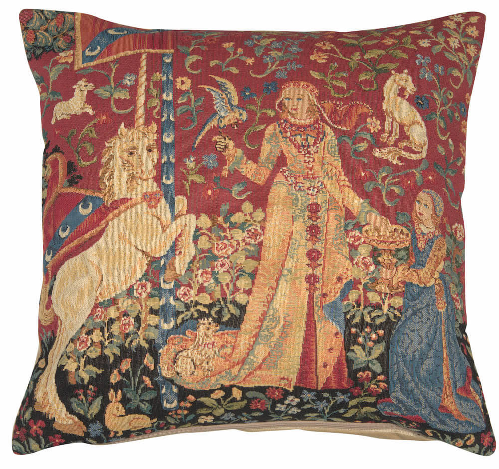 Medieval Taste Large pillow cover woven in Belgium, with a unicorn design in red tones, with a jacquard weave