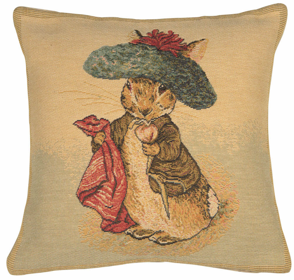 Bunny Beatrix Potter pillow cover woven in Belgium, with an animal design in brown and beige tones