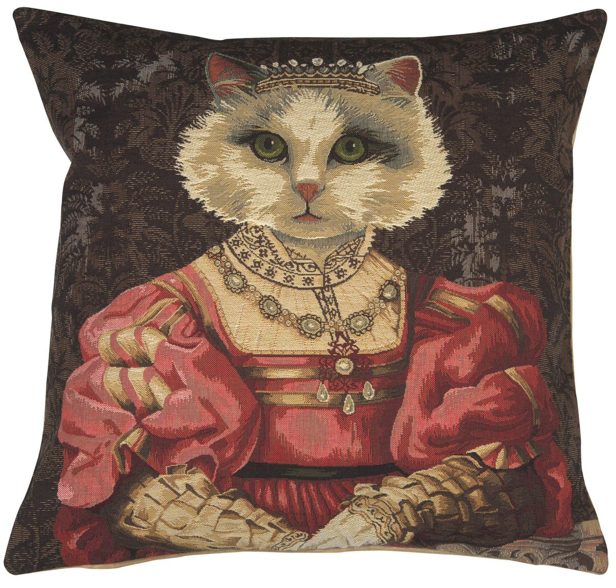 Cat With Crown A pillow cover woven in Belgium, with an animal design in brown and beige tones, with a jacquard weave