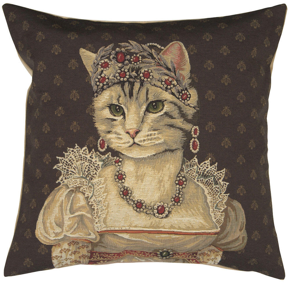 Chat Josephine pillow cover woven in Belgium, with an animal design in brown and beige tones, with a jacquard weave