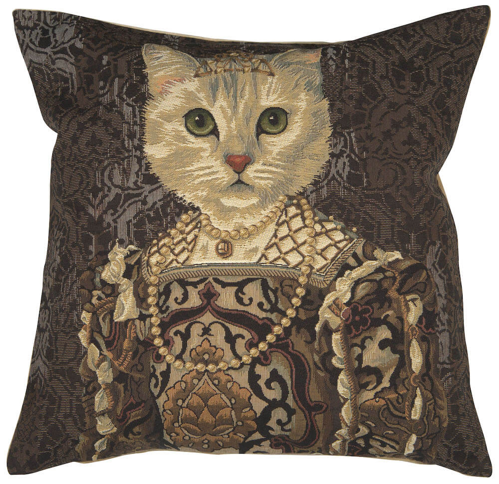 Cat With Crown B pillow cover woven in Belgium, with an animal design in brown and beige tones, with a jacquard weave